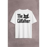 Kendim Seçtim The Godfather Cat Father Catfather Baba Kedi Sırt Ön Baskılı Oversize Tişört T-Shirt - Beyaz - XL