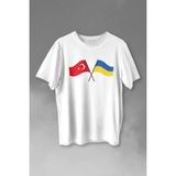 Kendim Seçtim Turkey And Ukraine Türkiye ve Ukrayna Dostluğu Savaşa Hayır Baskılı Tişört T-Shirt Beyaz - XS - 63A-Beyaz