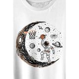 Kendim Seçtim Uzayda Ayda Satürn Gezegeni Yanında Basketbol Oynayan Astronot Baskılı Tişört T-Shirt Beyaz - XL - 63A-Beyaz