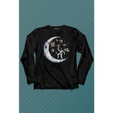 Kendim Seçtim Uzayda Ayda Satürn Gezegeni Yanında Basketbol Oynayan Astronot Uzun Kollu Tişört Baskılı T-Shirt - 001-Siyah - 2XL