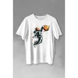 Kendim Seçtim Uzayda Satürn Gezegeni Yanında Basketbol Oynayan Astronot Basketball Baskılı Tişört Unisex T-Shirt - XL - Beyaz