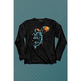 Kendim Seçtim Uzayda Satürn Gezegeni Yanında Basketbol Oynayan Astronot Basketball Uzun Kollu Tişört Baskılı T-Shirt - 001-Siyah - 2XL