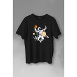 Kendim Seçtim Uzayda Satürn Gezegeni Yanında Basketbol Oynayan Astronot Baskılı Tişört T-Shirt - 2XL - Siyah