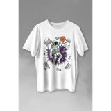 Kendim Seçtim Uzayda Satürn Gezegeni Yanında Basketbol Oynayan Astronot Baskılı Tişört T-Shirt Beyaz - XL - 63A-Beyaz
