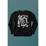 Kendim Seçtim Uzayda Satürn Gezegeni Yanında Basketbol Oynayan Astronot Uzun Kollu Tişört Baskılı T-Shirt - 001-Siyah - XS