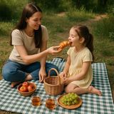 Kendinden Çantalı Haki Ekose Piknik Örtüsü 150X150 cm Taşınabilir Cırtlı Piknik Matı, Taşıma Kordonlu, Ince Katlanabilir Örtü - 150 x 150 cm