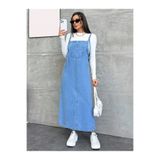 KENE JEANS UZUN MAVİ KOT JİLE ELBİSE/ASKI BAĞLAMA DETAYLI DENİM SALOPET
