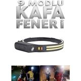 Kenko 9 Modlu Şarjlı Cob LED Hareket Sensörlü Kafa Lambası Baş Feneri Kamp Balıkçı Avcı Lambası Işıldak - Siyah