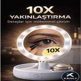 Kenly 10X Büyüteçli LED Makyaj Aynası – Katlanabilir, Çift Taraflı, USB Şarjlı - Beyaz