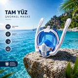Kenly Çift Tüplü Tam Yüz Şnorkel Maskesi Full Face Dalış Gözlüğü Tam Kuru Sistem 180° Panoramik Görüş Anti Buğu - L - XL - Beyaz - Mavi
