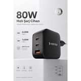 Kensa 80W Üç Portlu Usb-C Girişli Akıllı Hızlı Şarj Adaptörü - Siyah