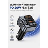 Kensa Bluetooth 5.3 Fm Transmitter Araç Çakmaklık Şarj Cihazı Pd 20W Type-C USB Hızlı Şarj Aux Eller Serbest Konuşma Dijital Voltaj Göstergeli - Siyah - Mavi