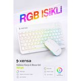 Kensa Tablet ve Bilgisayar Için Rgb LED Işıklı Taşınabilir Kablosuz Bluetooth Klavye ve Dongle'lı Mouse Seti - Beyaz