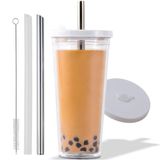 Kensal Home Büyük Boy Kabarcık Çay için Yeniden Kullanılabilir Boba Fincanı (24 oz), Açılı Pipetler, Sızdırmaz Tasarım, Çift Duvarlı Yalıtımlı Balonlu Çay Fincanı