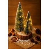 Kesene Ahşap Kütük Üzerinde 4’lü LED Işıklı Noel Kar Efektli Çam Ağaçları Seti 23 Cm - 18 Cm - 12 Cm -13 Cm