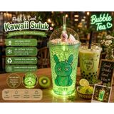 Kesene Çift Katlı Içecek Bardağı LED Işıklı Pipetli Kawaii Chibi Sevimli Tavşan Figürlü Suluk 450 ml Yeşil - 1 Adet