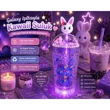 Kesene Çift Katmanlı Içecek Bardağı LED Işıklı Pipetli Kawaii Chibi Sevimli Tavşan Figürlü Suluk 450 ml Mor - 1 Adet