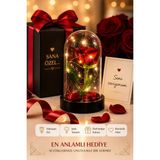 Kesene LED Işıklı Cam Fanus Solmayan Gül Sevgiliye Romantik Özel Gün Hediyesi Dekoratif Gece Lambası - Kırmızı