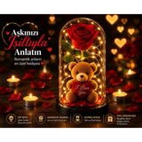 Kesene LED Işıklı Fanusta Yapay Gül ve Lüks Peluş Ayıcık Dekoratif Romantik Sevgililer Günü Hediyesi 20 cm