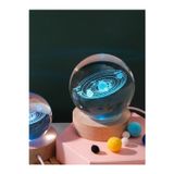 Kesene Ledli USB'li Ahşap Standlı Güneş Sistemi Küre Temalı Kristal Renkli RGB 3D Oda Masa ve Gece Lambası