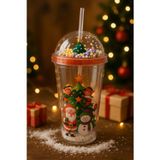 Kesene Noel Çam Ağacı Altında Noel Baba ve Kardan Adam Desenli Renkli Pipetli Kupa Bardak Suluk 450ML 2768B