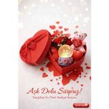 Kesene Sevgiliye Romantik Hediye Kutusu Işıklı Kalp ve Kar Küresi Peluş Ayıcık ve Gül Buketi Hediye Seti 01