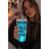 Kesene Sevimli Renkli Çılgın 450ML LED Işıklı This Is My Drink Temalı Pipetli Içecek Bardağı Suluk 2642MAVİ - Mavi - 1