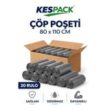 KESPACK Lüks Çöp Poşeti 80x110 Jumbo Boy 20 Rulo 200 Adet Kalın Gri Çöp Torbası