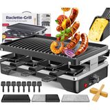 Kesser® Doğal Izgara Taşlı Raclette Izgara, Izgara Plakası 8 Kişilik Masa Izgarası, Elektrikli Izgara Raclette Izgara Yapışmaz Kaplamalı Izgara Plakası, 8 Tava ve Ahşap Spatula 1200W - Siyah