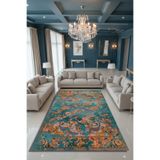 Kessy Home Studio Armis Turkuaz Vintage Desenli Yıkanabilir Halı Retro Kaymaz Taban Salon ve Oda Halısı Modern Tasarım
