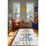 Kessy Home Studio Pompi Bebek Halısı Gri Beyaz Sek Sek Oyun Alanlı Kaymaz Tabanlı Yıkanabilir Çocuk Halısı Antialerjik
