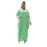 Keten cepli standart büyük beden kimono elbise kadın tunik rahat maksi kaftan uzun yakalı abaya cotton pamuk (yeşil krem garni)
