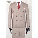 Keten Çizgili Kruvaze Torba Cep Fileli Astar Geniş Sivri Yaka Slim Fit Çift Yırtmaç Drop 6 Takım Elbise - 58 - Açık Kahve