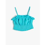 Keten Crop Bluz Askılı Fırfırlı Gipe Detaylı