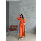 Keten Crop Karpuz Kol Bluz-Pantolon Hasır Kemerli - Orange