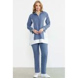 Keten Görünümlü Kapüşonlu Tunik Takım - Indigo