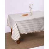 Keten Gri Antrasit Çizgili Ponponlu Masa Örtüsü - Gri - Krem - 120 x 180 cm
