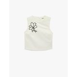 Keten Karışımlı Bisiklet Yaka Kolsuz Çiçekli Crop Bluz