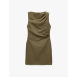 Keten Karışımlı Slim Fit Drapeli Yuvarlak Yaka Metal Aksesuarlı Kolsuz Mini Elbise