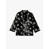 Keten Karışımlı Uzun Kollu Kruvaze Çiçekli Kimono Ceket