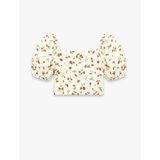 Keten Viskon Karışımlı Gipeli Slim Fit Poplin Kare Yaka Crop Balon Kollu Çilek Desenli Bluz