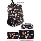 Ketnez 4'lü Set Kedi Desenli Sırt Çantası Kalemlik Makyaj Çantası Büyük Boy Makyaj Çantası - Renkli - 19cm X 8cm X 4cm - Kalem Kutusu