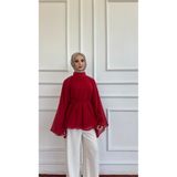 KEVRA Kırmızı Yarasa Kol Boğazlı Belden Bağlamalı Şifon Tesettür Tunik