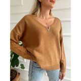 Key Moda Kadın V Aksesuarlı Düz Kazak Camel - Standart