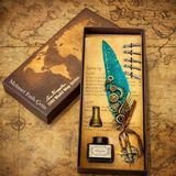Keyfim Shop Kişiye Özel Lüks Tüylü Divit Kalem Seti – Mürekkep Şişeli, Kutulu Vintage Yazı Seti, Dekoratif Hediye Kalem - Turkuaz