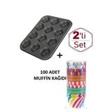 keyfisepet en keyifli sepet 2’li Muffin Seti – 12 Gözlü Muffin Kalıbı + 100 Adet Renkli Muffin Kağıdı