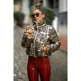 Keyifli Moda Kadın Gold Parlak Yazılı Şişme Dik Yaka Fermuar Kapamalı Mont - Altın