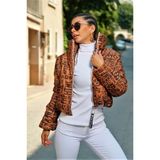 Keyifli Moda Kadın Kahverengi Yazılı Dik Yaka Su Geçirmez Kısa Şişme Mont - 38