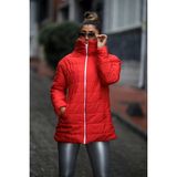 Keyifli Moda Kadın Kırmızı Dik Yaka Uzun Şişme Mont - S