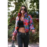 Keyifli Moda Kadın Mavi Dik Yaka Çiçekli Kısa Şişme Mont - 38